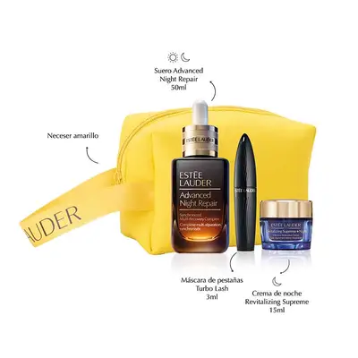 ESTEE LAUDER Estuche advance night repair <br> mascara turbo lash 3ml  <br> revitalizing supreme night 15 ml <br> + neceser amarillo 