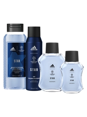 ADIDAS Set uefa star 4 piezas eau de toilette 100 ml vaporizador + body spray 150 ml + gel de baño 250 ml + eau de toilette 50 ml 