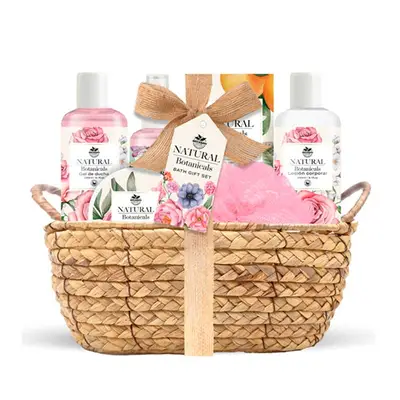 BECASAN NATURE Cesta mimbre organica peonia y dalias gel de ducha 240 ml + locion corporal 240 ml + spray corporal 120 ml + exfoliante corporal en tarro 50 ml + sales de baño 100 g + esponj 