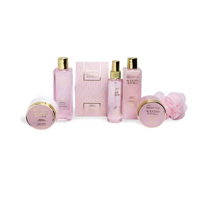 IDC Set baño bañera perfumada rosé 7 piezas gel de ducha 270ml + baño de burbujas 270ml + sales de baño 150gr + gel de baño niebla 120ml + locion corporal 110ml + exfoliante 110 