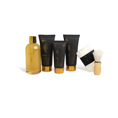 IDC Set de baño set de afeitado hombre luxury gel de ducha 300ml + crema de afeitar 150ml + after shave 150ml + gel baño facial 100ml+ brocha afeitar + toalla 