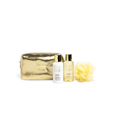 IDC Set de baño mini gold gel de ducha 100ml + locion corporal 100ml + bolsa de baño + bolsa 