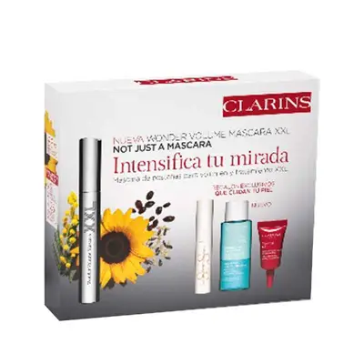 CLARINS Estuche mascara pestañas <br> supra volume xxl 01 negra <br> 8 ml + <br> mascara en serum sos <br> minuatura + <br> locion desmaquillante  