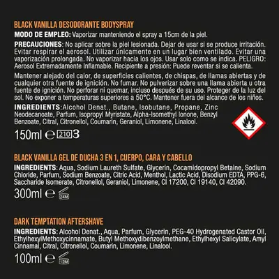 AXE Estuche trio black vanilla gel de ducha vanilla 300 ml + desodorante spray vanilla 150 ml + aftershave dark temptation 100 ml 