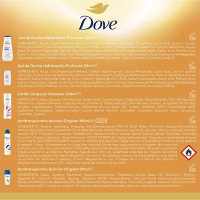 DOVE Estuche advanced care locion corporal intensiva 250 ml + gel de ducha 225 ml + desodorante roll on 50 ml + desodorante spray 150 + gel de ducha mini 55 ml 